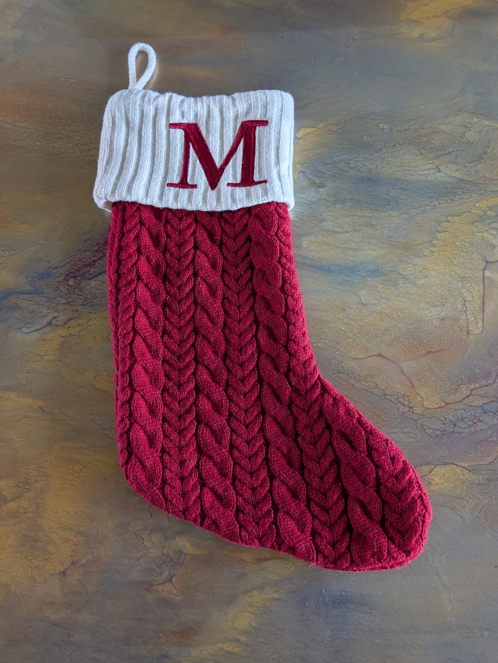 Red White Kohl's Christmas Stockings Letter M Cable Knit Stretch